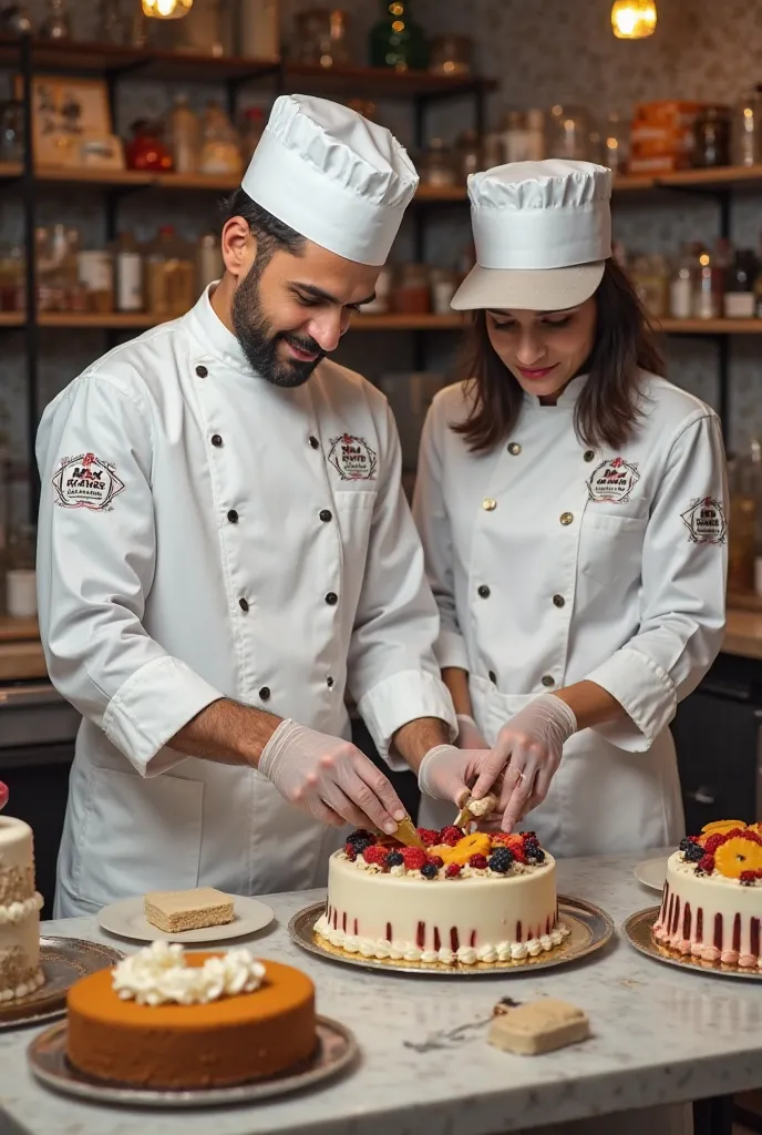 **"In a small and elegant factory for the manufacture of French and American cakes, a man and a woman of Arab nationality work perfectly and professionally. wearing professional white bakers' clothes, hats and gloves to maintain cleanliness. The 'Box Cake ...