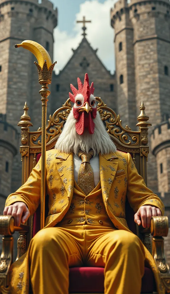 "A royal chicken wearing a luxurious golden suit, sitting on a throne, holding a banana like a scepter, with a grand medieval castle behind it."