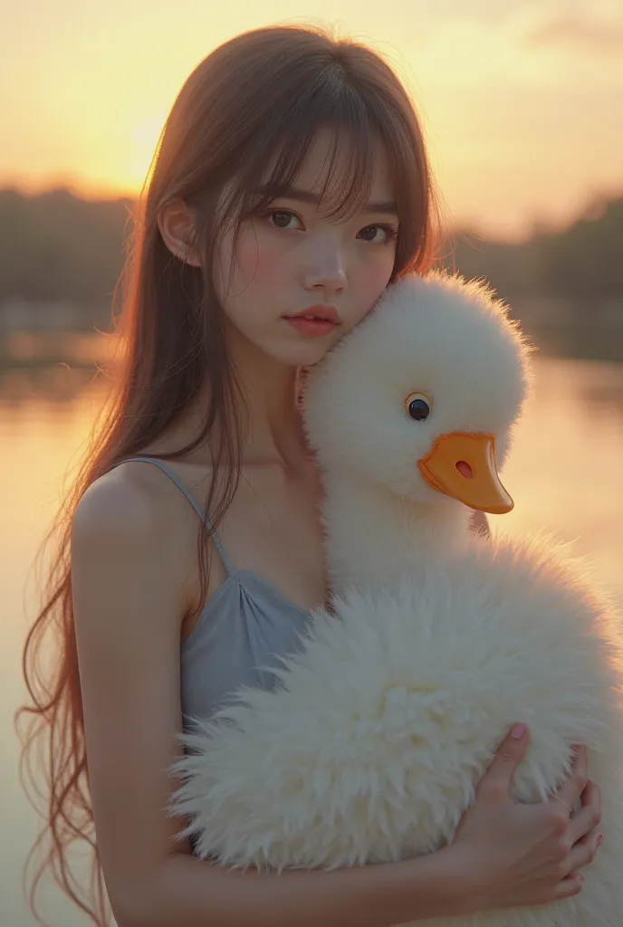 a girl in a blue strapless top，holding a big goose doll with both hands，Long mocha hair，Middle-parted bangs。The background is a lake at dusk。