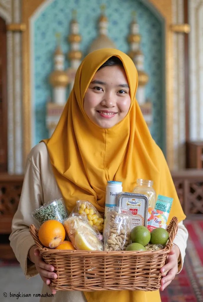 Here is a description of the image:
 
The image shows a young woman in a yellow hijab holding a gift basket. The basket contains various items, including fruits, drinks, and snacks. The background features a mosque and Islamic-themed decorations, suggestin...