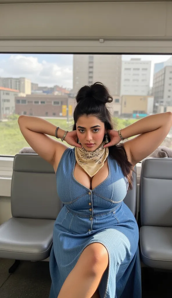 A hyper realistic image of an sultry curvy, voluptuous, hourglass figure indian bhabhi showing dark hairy armpits, black hair bun,wearing a denim sleeveless dress, light blue shade.  Dress features a plunging neckline that exposes her massive large breasts...