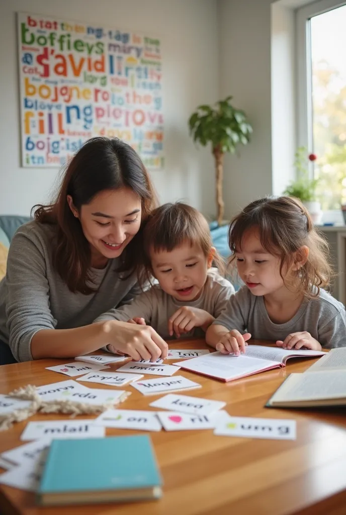 "In a brightly lit living room, Various English word cards are placed on the table,. parents are smiling and helping ren learn., ren are reading along with English words with a happy expression, and {x} A scene with a poster with colorful English sentences...