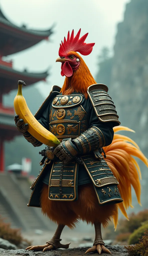 "A warrior chicken in samurai armor, gripping a banana like a legendary sword, set in a misty Japanese mountain temple."