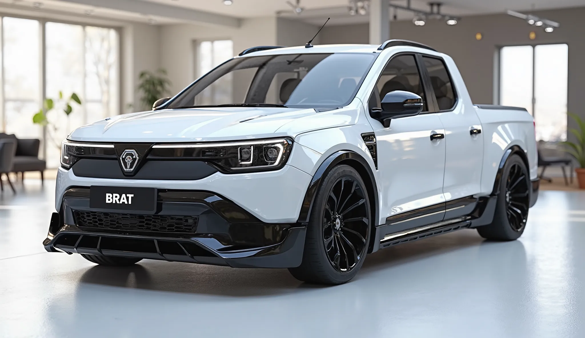 create an ultra-detailed 3D render of a modern, close-up side view of modern 2026 suparu Brat pickup With a bold design. The car should feature a "Gleamy glossy painted white " color with a prominent Suparu logo on its prominent front, and headlights. The ...