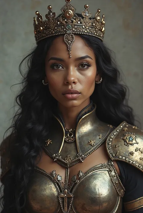 Create an image that unites a warrior, with armor , swords and breastplates, and on the other side a princess, queen, with crown, as if a woman were half a. Half the other Uma mulher negra cabelo crespo