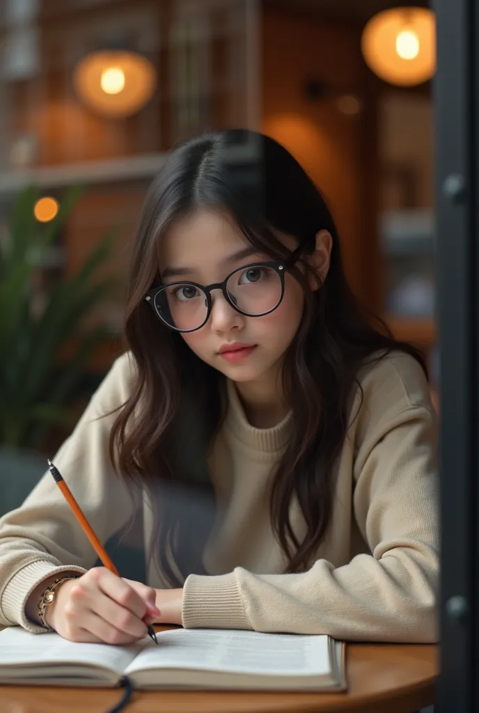 "Design a girl who is thoughtful and ordinary with dark brown hair and dark brown eyes. She is sitting at a table in a cafe. The perspective should be from outside the window, close to the window pane, showing the girl engrossed in her thoughts and writing...