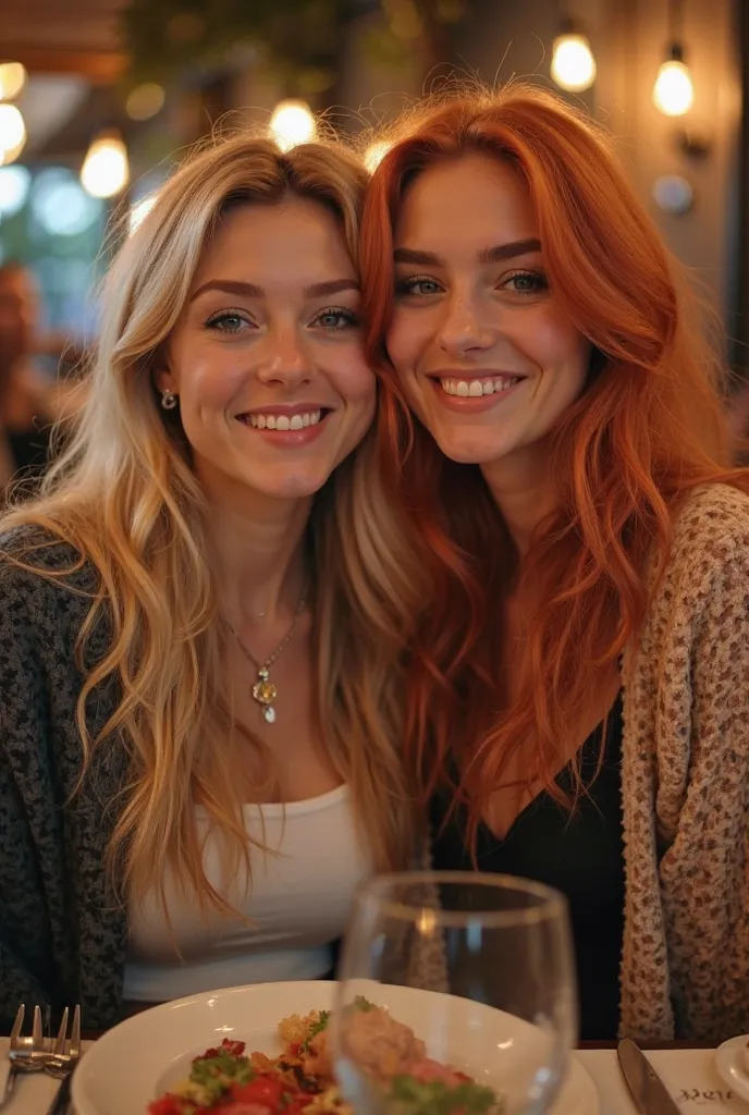 Two girls at dinner one blonde one ginger hair posing for photo