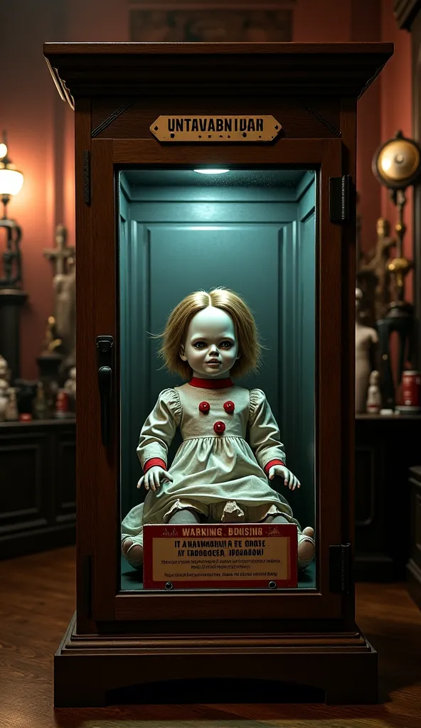 wooden case with a glass front holds the Annabelle doll. A large sign reading "Positively Do Not Open" is nailed to the case. The museum room is dimly lit, filled with other eerie artifacts.