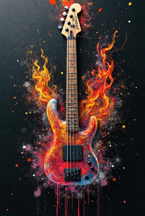 BASS WITH COLORED FIRES GRAFFITI COLLAGE NOTES BLACK BACKGROUND