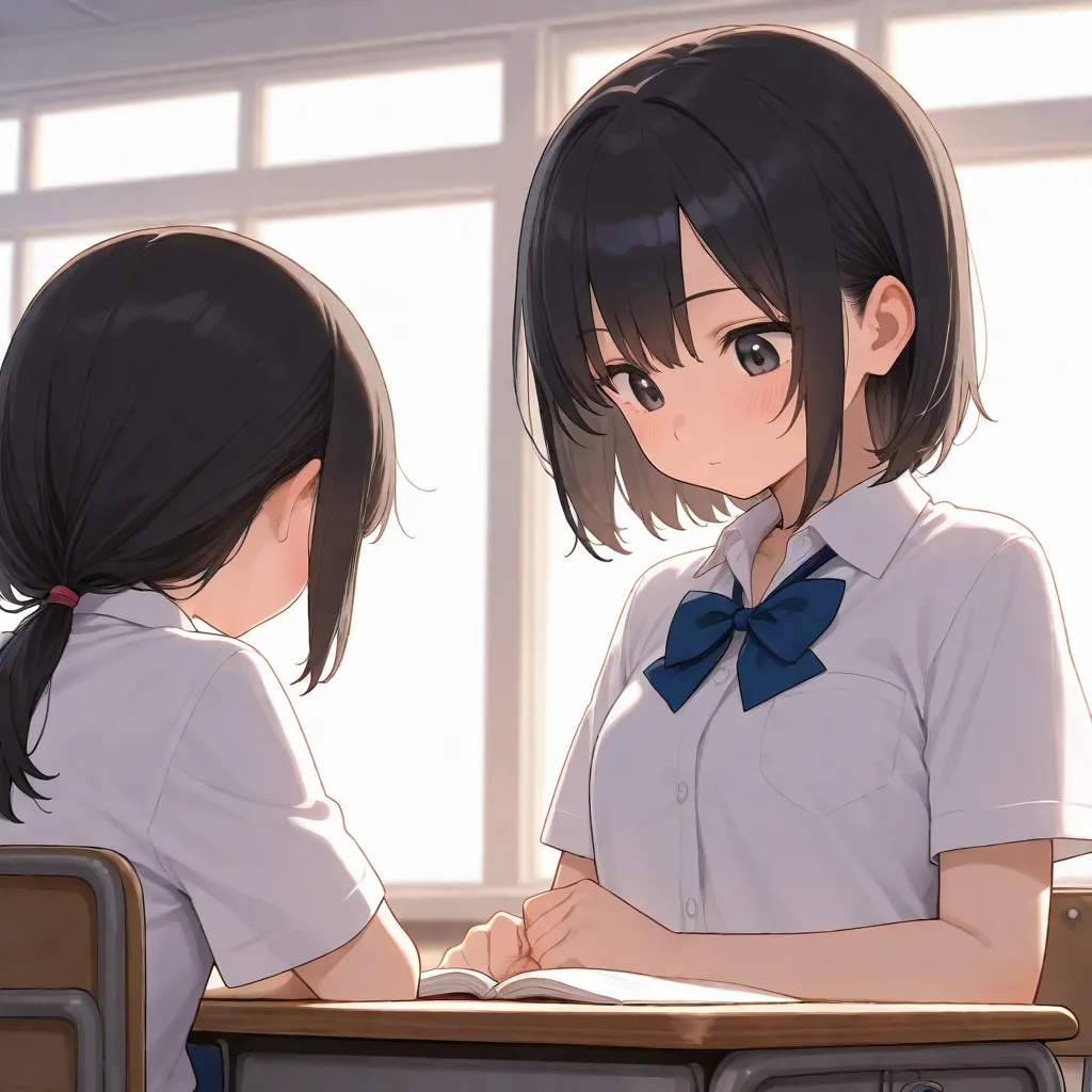 school, Ignoring laughter while looking down, girl, classroom, ,  black hair,  cute, 