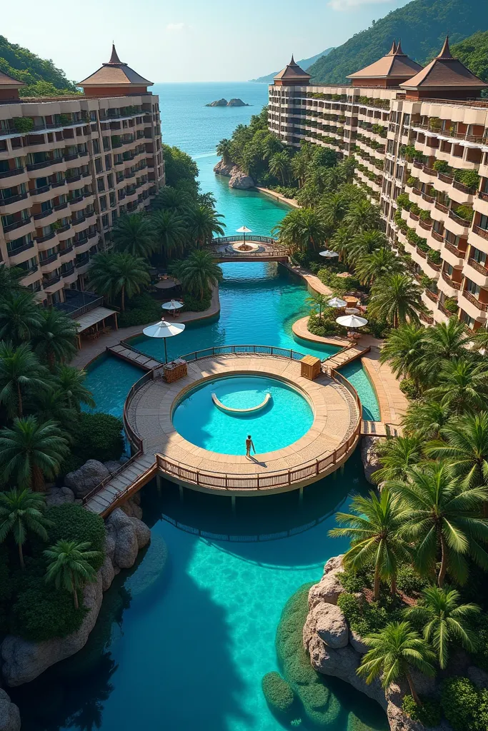 



Imagine a luxurious resort set in a tropical paradise, featuring a stunning complex of five elegant buildings surrounding a grand circular structure with a large pool at its center.

Resort Layout & Design:
The five buildings are symmetrically arranged...