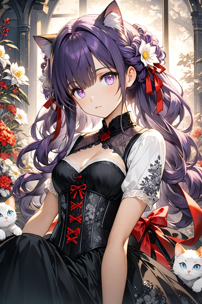 Anime-Style , Girl (ethnicity:1.0, age:1.1), long purple hair, (detailed hairstyle:1.2), wearing a black dress (detailed clothing:1.2), (elaborate lace details:1.1), with red ribbons, (accessories:1.1), (detailed lace corset:1.2). Girl is positioned in the...