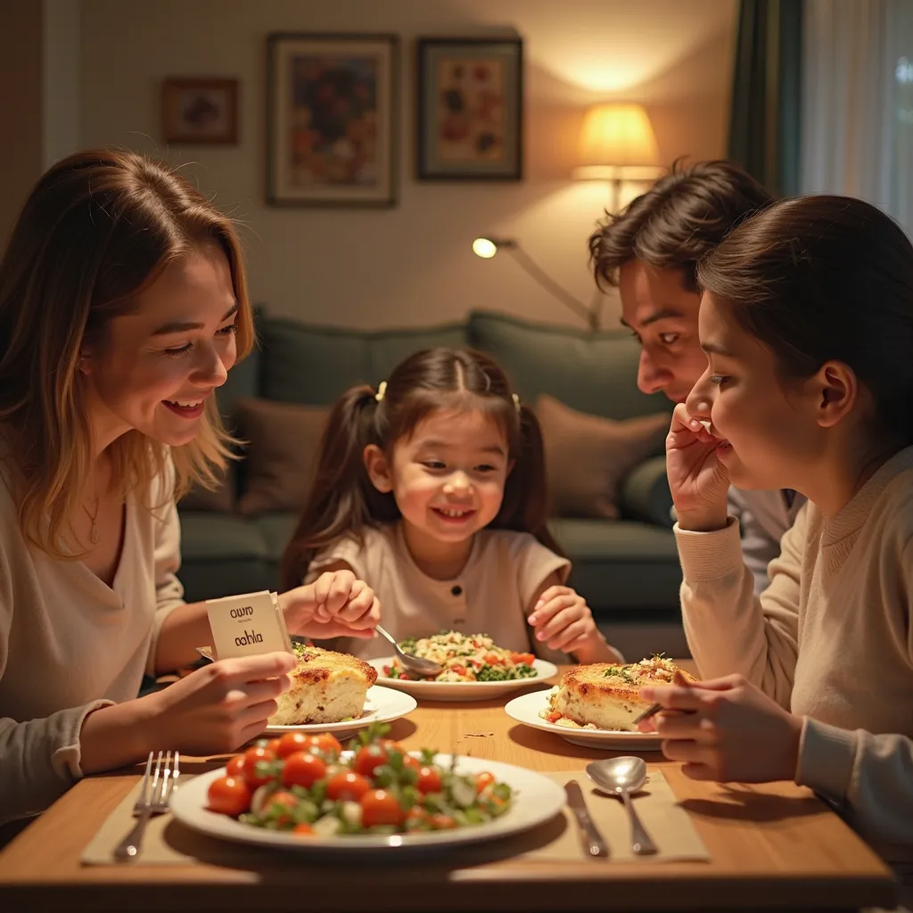 "The family is having dinner,, the parents are asking simple questions in English. the  is smiling brightly and answering in English, and, A small card with English words written on it is placed on the table along with warm food.."