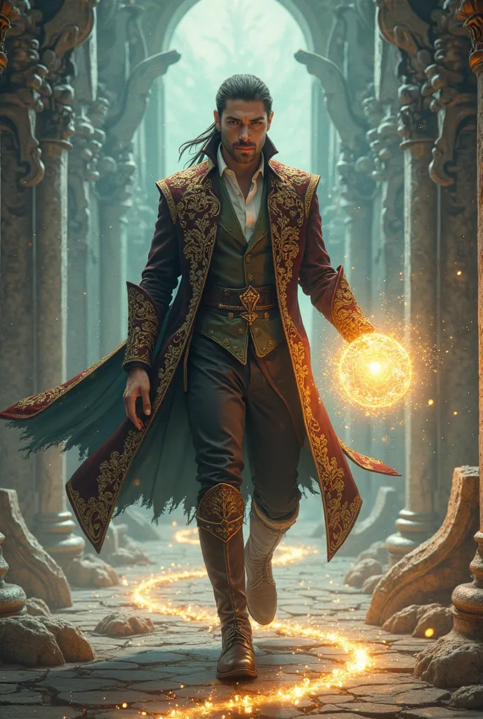 a clean-shaven brunette man with hair from ear to ear in an embroidered jacket of high boots walks forward the floors develop, magic ball in an outstretched hand