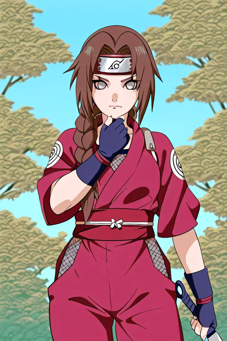 Image is an anime naruto style illustration featuring a beautiful lady ninja from Konoha, with fair skin and large, expressive gray eyes. She has long brown hair, styled with a red headband and a braid over one shoulder, and wears a traditional Konoha fore...