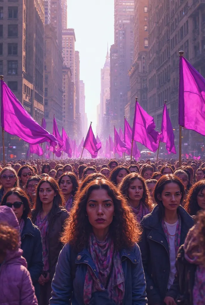 Women's demonstration in the city, flags a lot of purple and that it doesn't look so realistic, all with