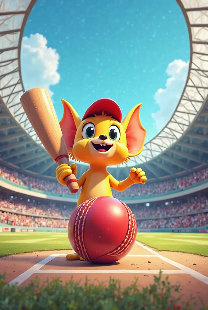 high quality, 8K Ultra HD, cartoon bat and ball and studiam.overall make a beautiful logo 