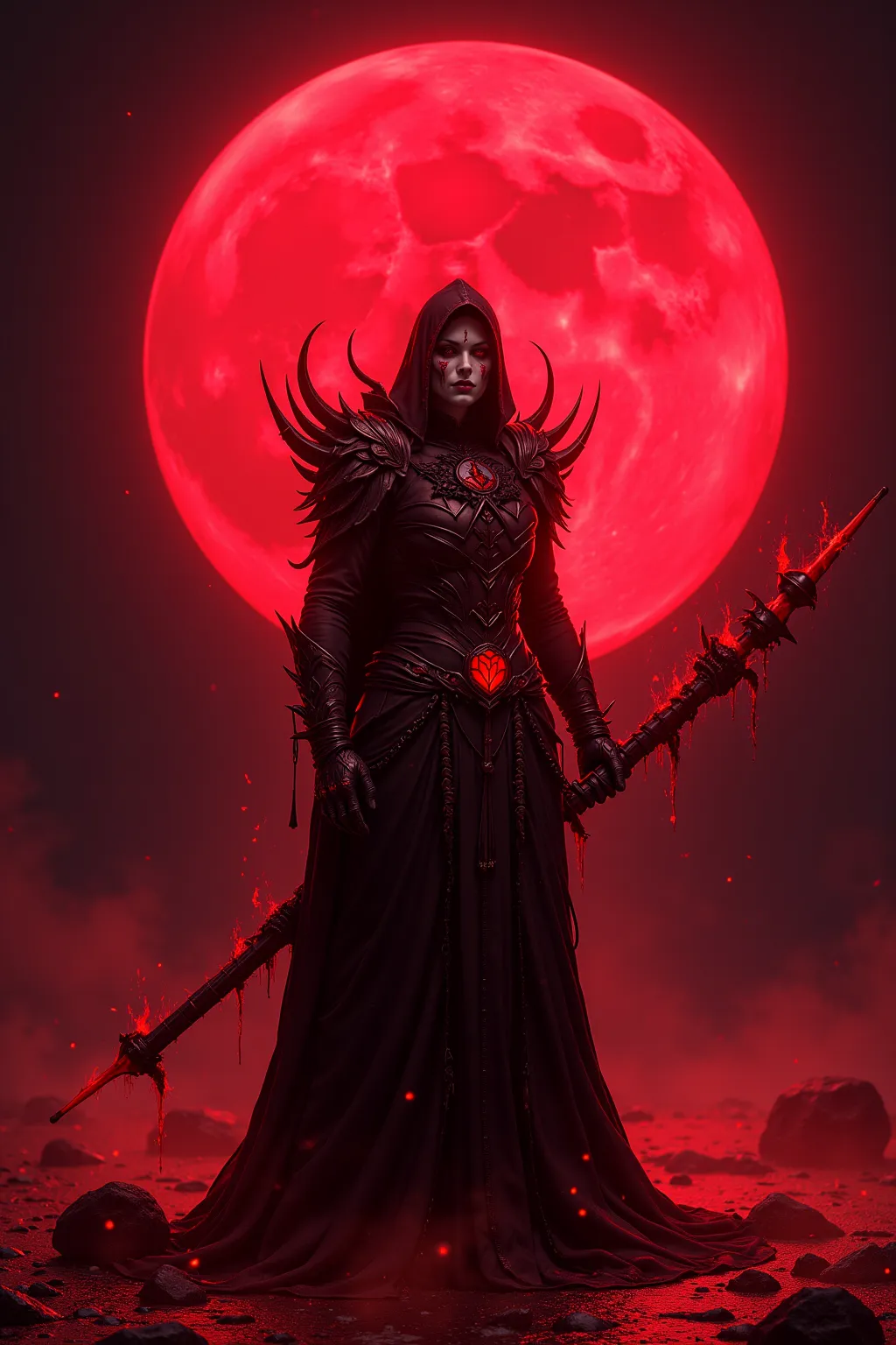  Red Necromancer , Blood Moon, ray tracing, masterpiece, best quality,  Ultra High Quality ,  Absurd Details, The best light, best shadow,  sharp,  sharp image,  details, extremely  details,  Great Resolution, 8k, 4K, super high resolution, Particle Effect...