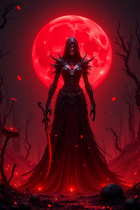  Red Necromancer , Blood Moon, ray tracing, masterpiece, best quality,  Ultra High Quality ,  Absurd Details, The best light, best shadow,  sharp,  sharp image,  details, extremely  details,  Great Resolution, 8k, 4K, super high resolution, Particle Effect...