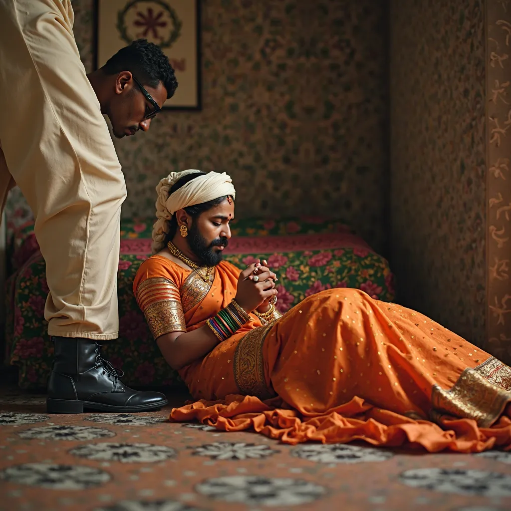 Arab man wearing black leather boots trampling face of kerala hindu submissive girl wearing marriage saree Laying on floor