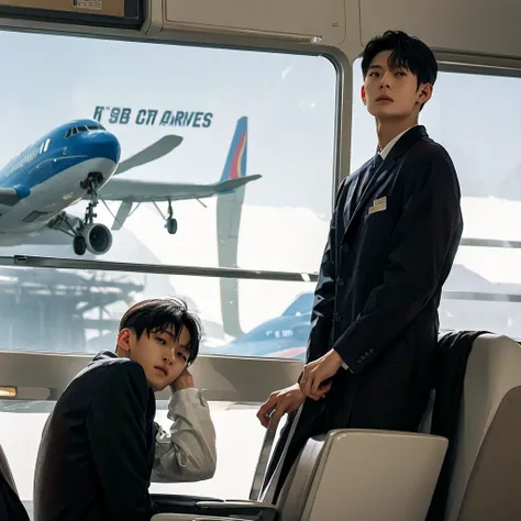 I can see airplanes from the window at the airport。1 is a male English teacher。the other is a female cabin attendant。The two reunite after s and fall in love。