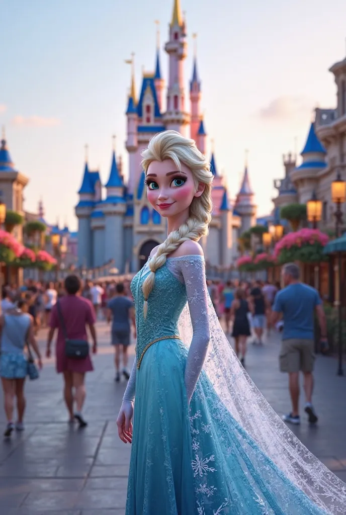 A stunningly realistic and detailed image of Elsa from Disney’s Frozen posing elegantly in front of Sleeping Beauty Castle at Disneyland Paris. She wears her iconic ice-blue gown with translucent sleeves and flowing cape, shimmering with magical frost deta...