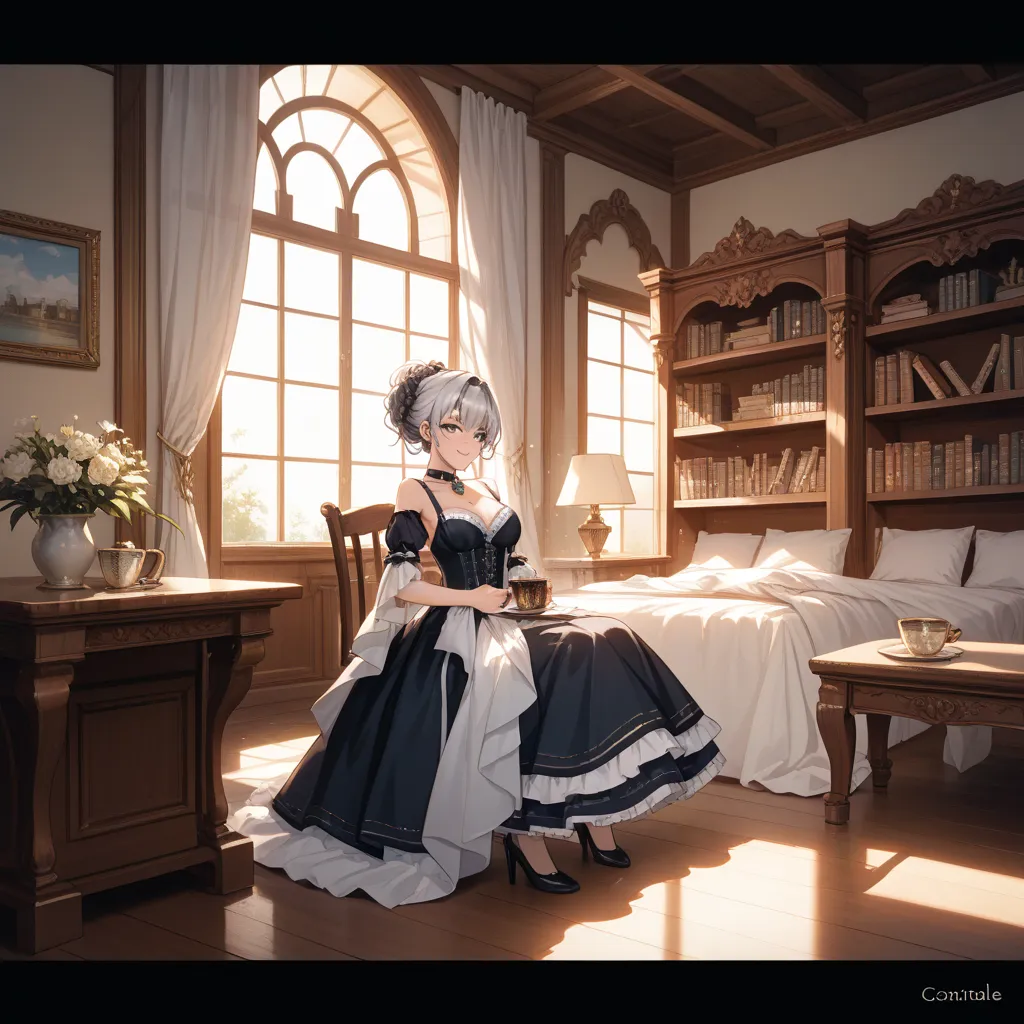 A young woman in her twenties sits gracefully in a private vintage room, surrounded by dark wooden furniture. Her ultra-long silver hair flows softly, its silky strands catching the delicate sunlight streaming through the large window, reflecting a gentle ...