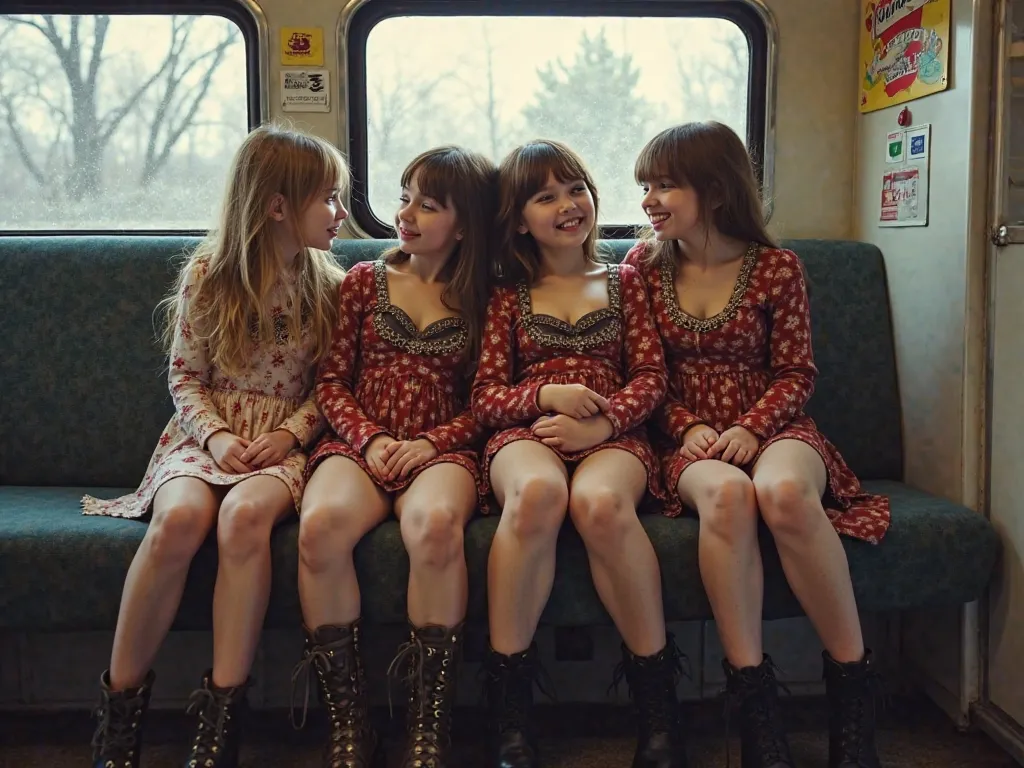 four russia 6years girls kisses sitting on train seat, View Photographer, whole body, (Smiling at the photographer), tight open breast tits russia tradicional dress, High boots, Clothes that show the open chest、Thin and long elbows、(wearing a high cut brie...