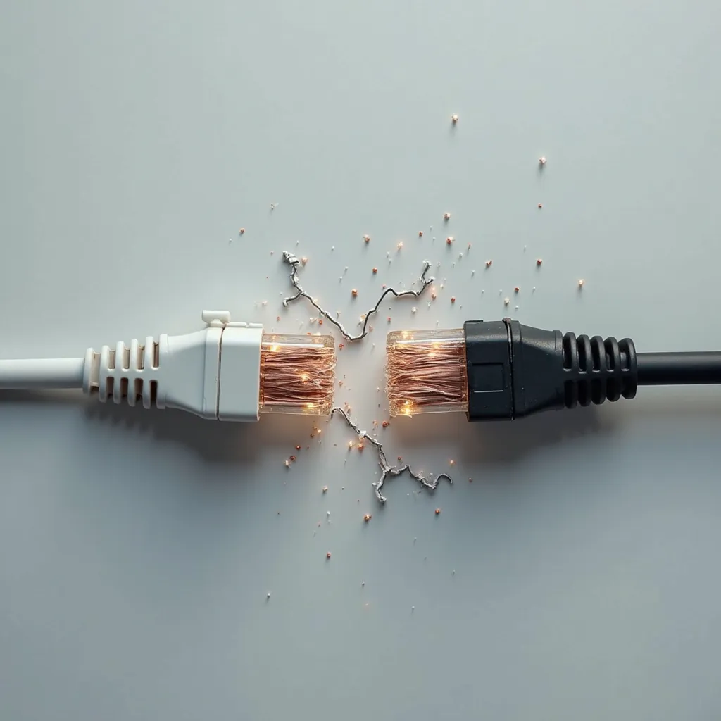 a broken Internet cable, two pieces sticking out - one on the left, the other on the right