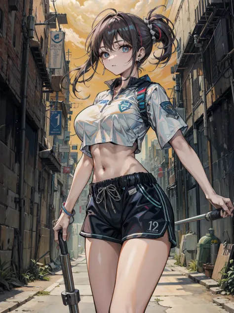 perfect anatomy, correct body, earring, large breasts, narrow waist, short hair, wavy hair, hair behind ear, half updo, black hair, looking at viewer, cowboy shot, crop top, shorts, sports uniform,