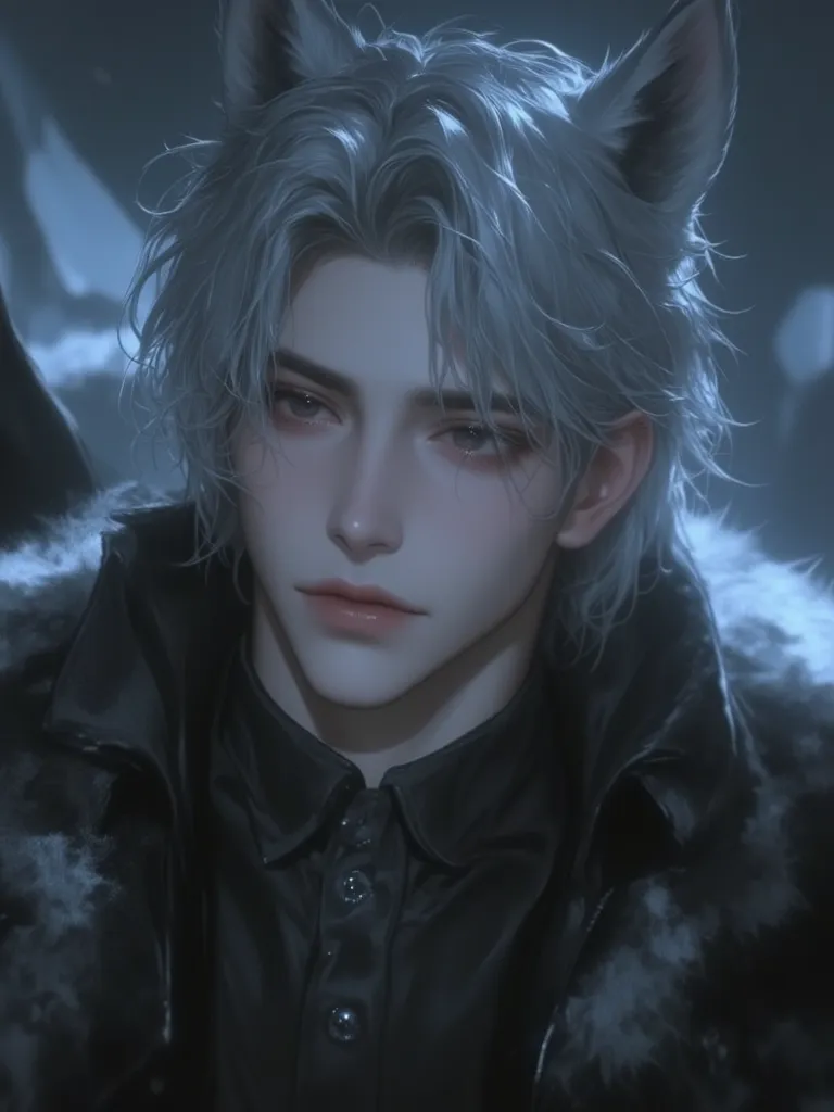 man. Wolf ears overhead, A handsome 25-year-old Korean man in a suit , silver hair. black eyes.quality,  blur background, good-looking, tired,  long hair.