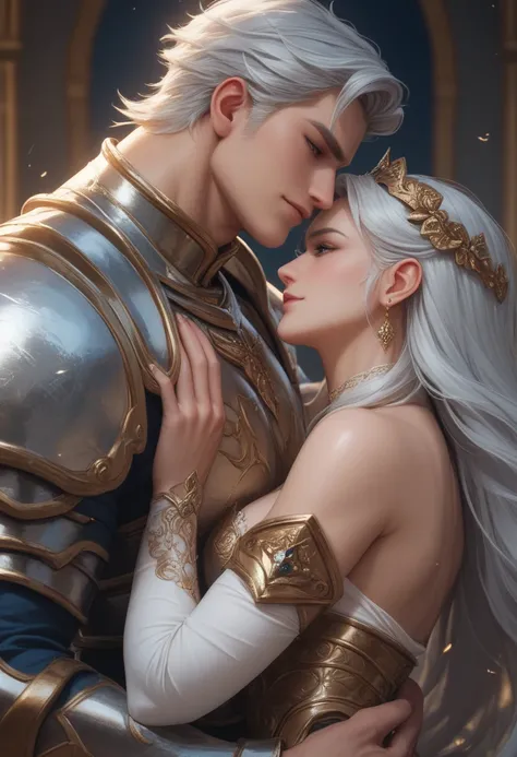 A very wealth royal couple containing  a tall, muscular, handsome man wearing an armor holding a beautiful princess with silver hair in his arms. The man has a very cold gaze. 