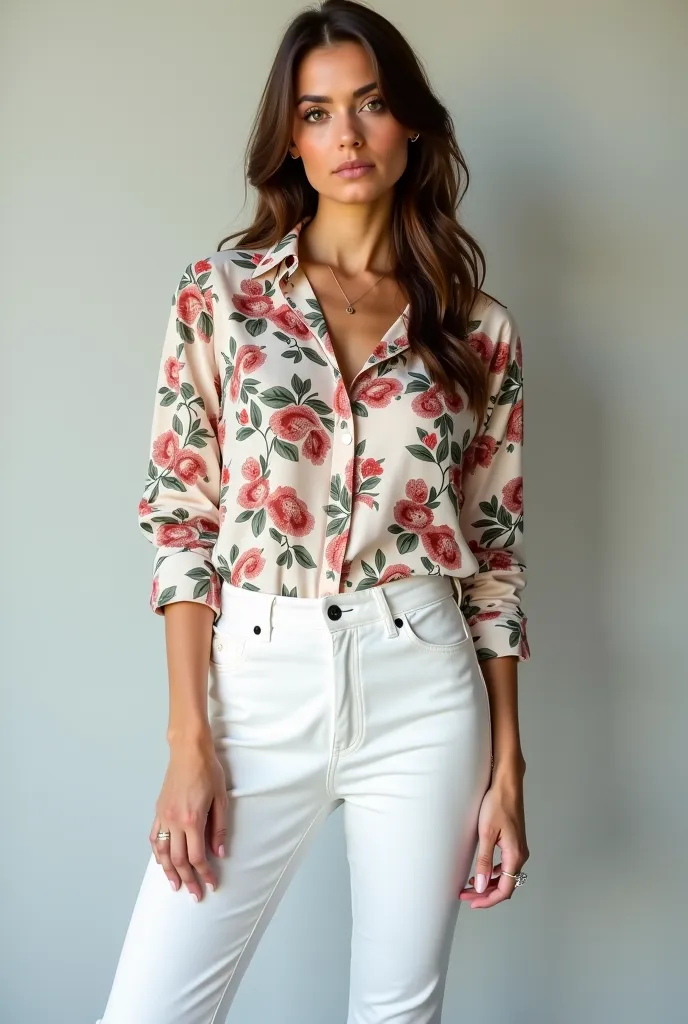 a woman in a floral shirt and white pants posing for a picture, a portrait by Galen Dara, trending on cg society, renaissance, white pants, wearing elegant casual clothes, wearing a blouse, outfit photograph, fullbody photo, white trendy clothes, portrait ...