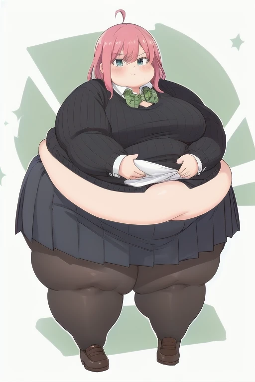 2D, masterpiece, best quality, One Girl,anime, advanced details, 1 girl, Alone, green bowtie,  black sweater, Collared Shirt, 模様入り黒のskirt,  skirt, medium breasts, full body, schools, Straight face , very obese , Very big body,cute, Very fat belly, Thick ar...