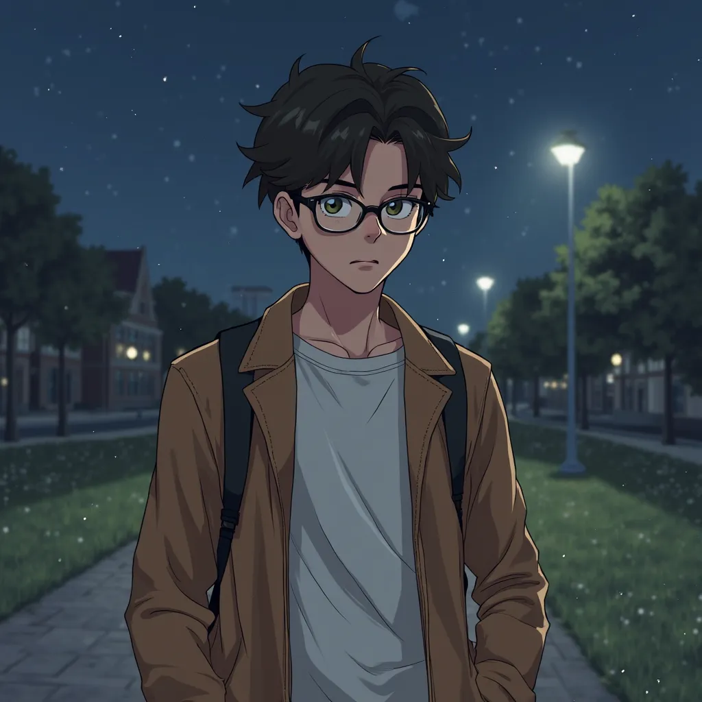 Create an image of a 17-year-old boy named Idrak, who is in his everyday, casual look. Idrak is wearing a brown jacket over a white T-shirt (with a simple, nerdy vibe). He’s also wearing glasses, giving him a bookish and intellectual appearance. His expres...