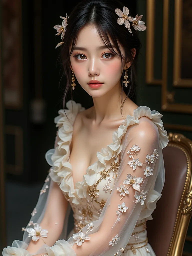 (best quality, masterpiece, ultra detailed, ultra high res, photorealistic, raw photo, absurdres, absolutely resolution:1.5), (An extremely delicate and beautiful work:1.5),(best quality color photo of a mysterious beautiful woman in floral clothing on a f...