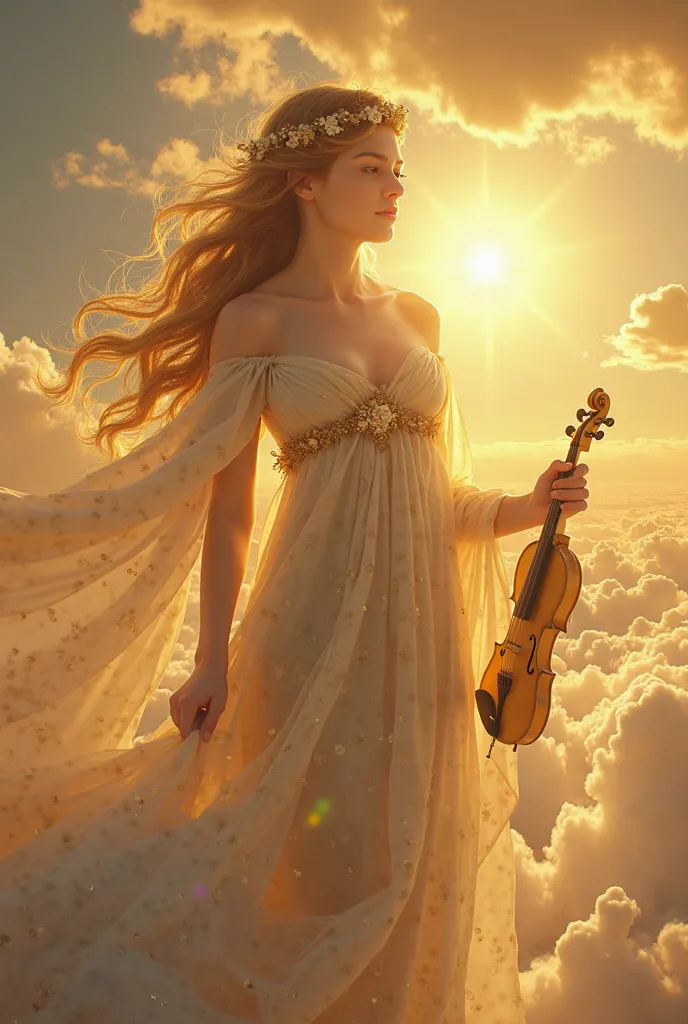 generate an image of the goddess of sunbeams and lullabies. MAKE IT LOOK LIKE A MYTH GODDESS make it pretty. make sure it looks like a goddess of sunbeams and lullabies. face her front. dont make her dress boring. make her look like a MYTH goddess. make he...