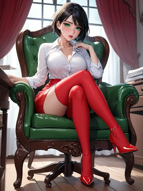  (masterpiece,  Best Quality, 【【8k,    HD  ), full body,   1 Woman,  Black Short Hair, Mid-chest,  Soft green eyes ,   Red Stockings ，Red Patent Leather Heels，Cross your legs，soft lips   , Beautiful Face,    Office Dress ，Includes white shirt,  Red Legging...