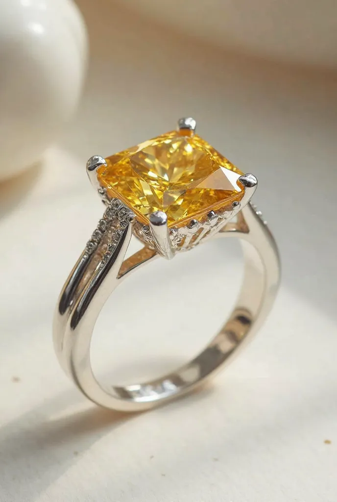 A silver ring with a large yellow diamond