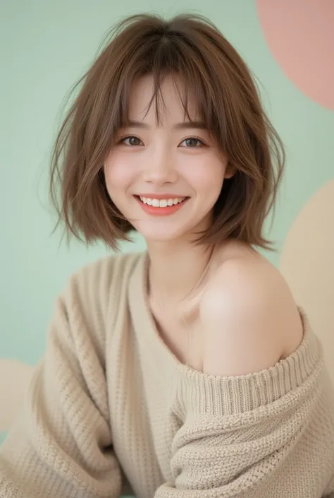 A young Asian woman, centered in the image.  She has short, brown hair with bangs and a pleasant smile.  Her expression is friendly and approachable.  She is wearing a light beige, off-the-shoulder sweater.  Her body type is slim. She is positioned slightl...