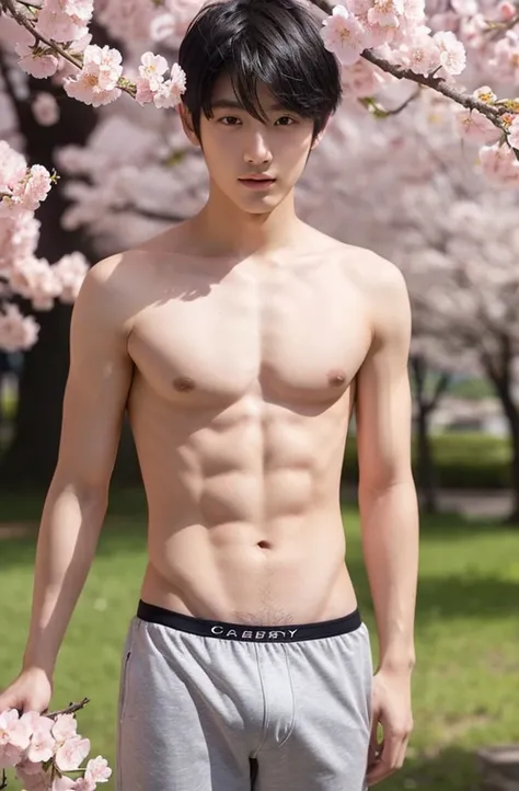 1 male、 pretty boy、18 years old、Japanese man、 black hair、 black underwear、Short Hair、crotch bulge、naked、Baby Face、半naked,Skinny、 slim、Under the cherry blossoms