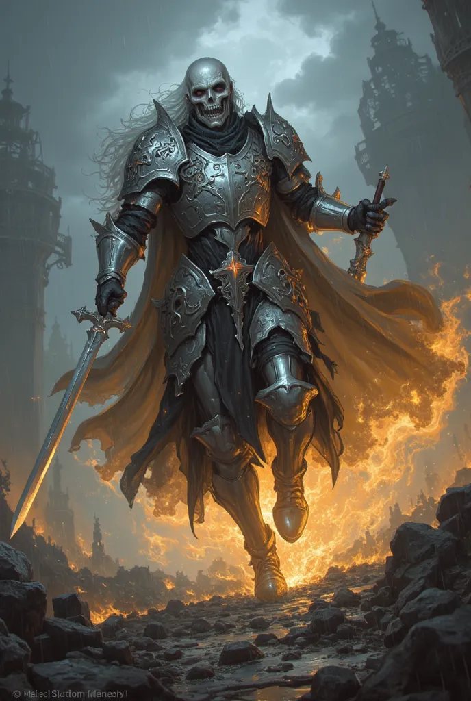 A gentleman in silver armor and wears navy blue running in the rain his body is on fire and his face is the face of a skull with silver hair holding a sword he is a specter knight his armor has details that resemble silver bones he is on a devastated battl...