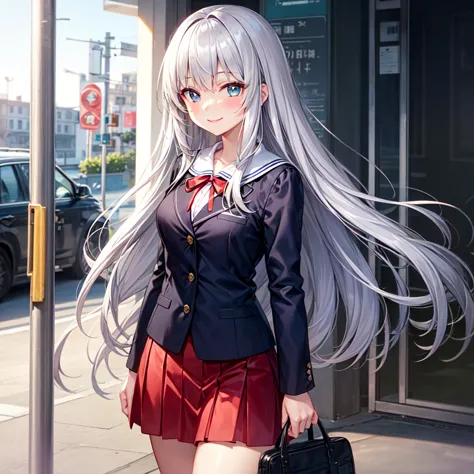 Silver-haired high school girl with long hair and blue eyes stands waiting for the bus in the morning. She's wearing a traditional sailor uniform with a navy blazer, red skirt, and red ribbon. Her face is lit up with a cheerful smile as she exchanges messa...