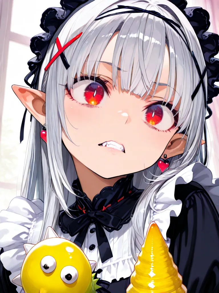 1 girl, long hair, teeth, squirking pointy ears, tooth,  Silver Hair, hair hanging over shoulders, heart-shaped earrings,  vertical pupil /Cat&#39;s Eyes, red eyes, headband, Maid Head Accessory, x shaped hair ornament,  heart shaped hair accessory, Gothic...