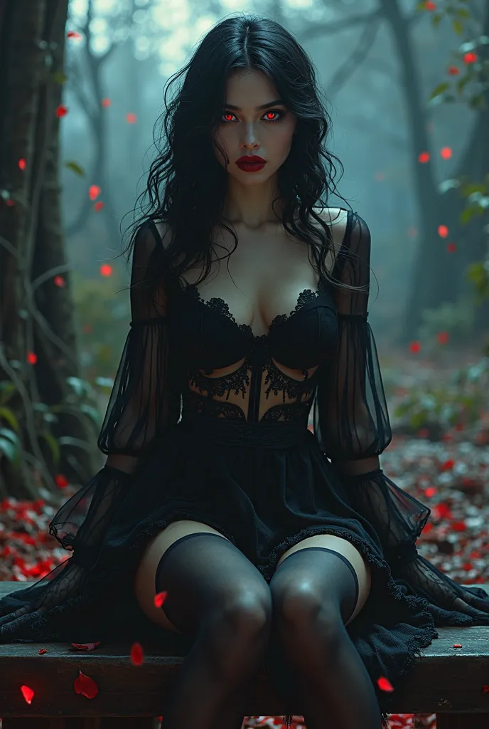 Girl,Vampire,European appearance,makeup, princess,black long hair, stockings,short dress with sleeves,Red eyes,lips,Blood,dead bodies,A bench,Night