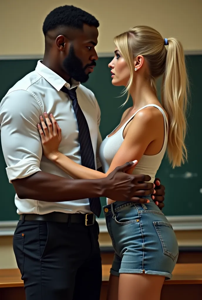 blonde teacher with big breasts and a big ass tries to get away from a very strong black guy who grabs her from behind, placing his big black penis against the teacher's ass, who is scared and has no luck