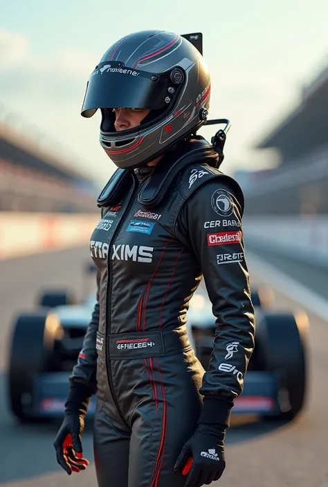 picture of woman car racer with a helmet, no eyeyes or any part of a face showing