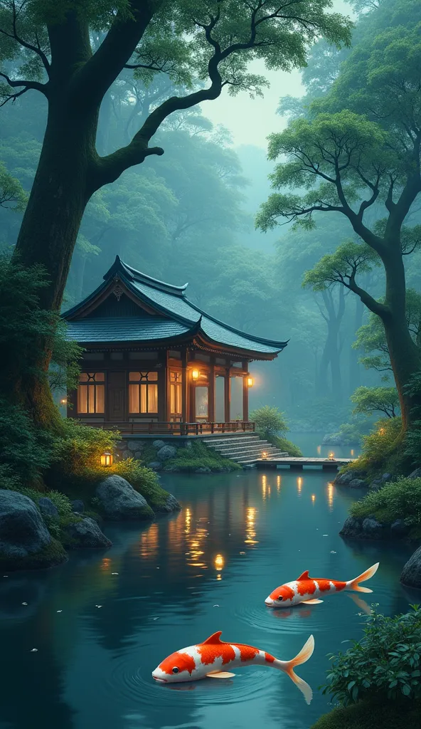  A hidden village deep in the forest, surrounded by ancient trees. A wooden shrine stands beside a pond, where koi fish swim. Fireflies glow in the misty evening air, creating a magical atmosphere, hyper realistic,anime styled