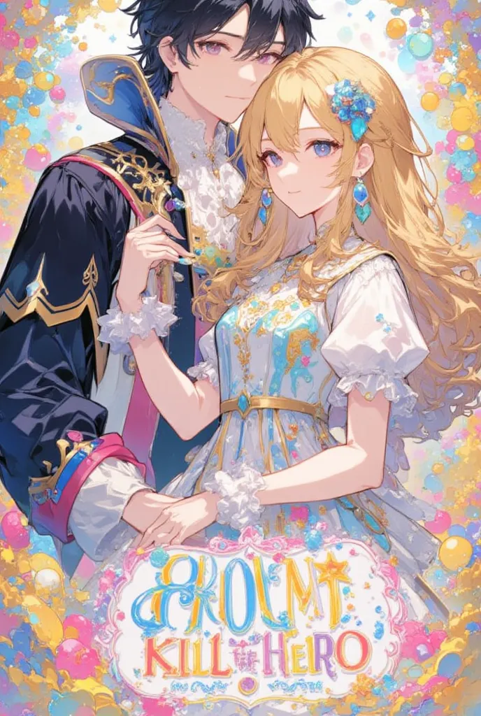 An otome book cover of a beautiful 17-year-old rainasances princess with blond hair beautiful blue eyes (she is a Korean villainess) ahe is wearing extravagant ball gown decorated with diamonds and beautiful gloves and beside her is a 18 years old duke wit...