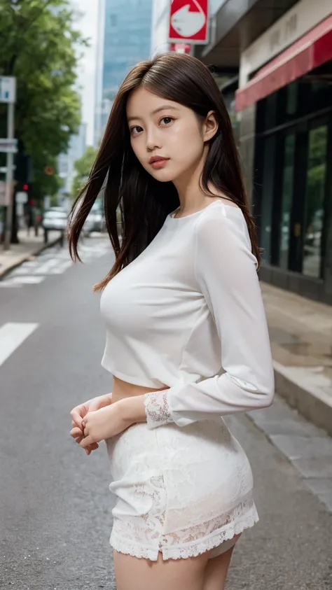 masterpiece, best quality, 1 girl, sexy lace white long sleeve blouse,  Sexy Miniskirt 、the way, wet hair, provocative look, City , high detail、Skyscrapers、 serious expression、Beautiful belly button、profile in landscape orientation from、random pose、